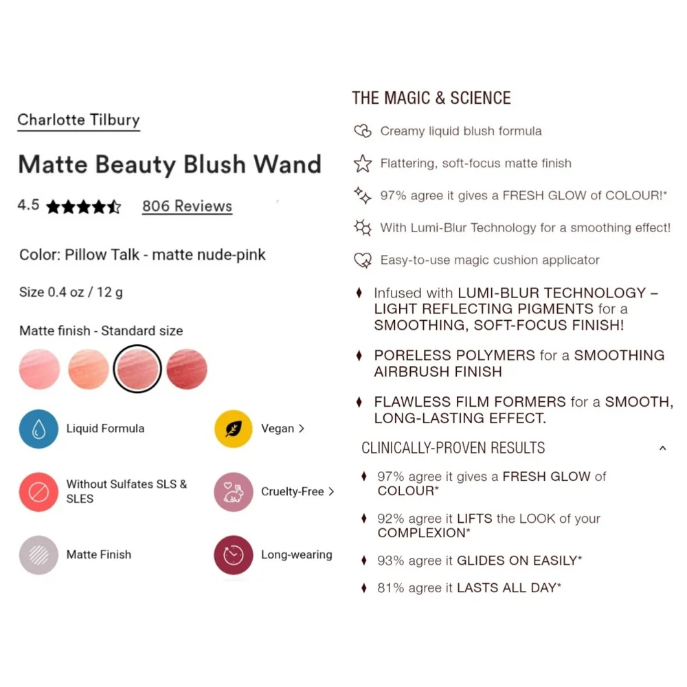CHARLOTTE TILBURY Matte Beauty Blush Wand In Pillow Talk